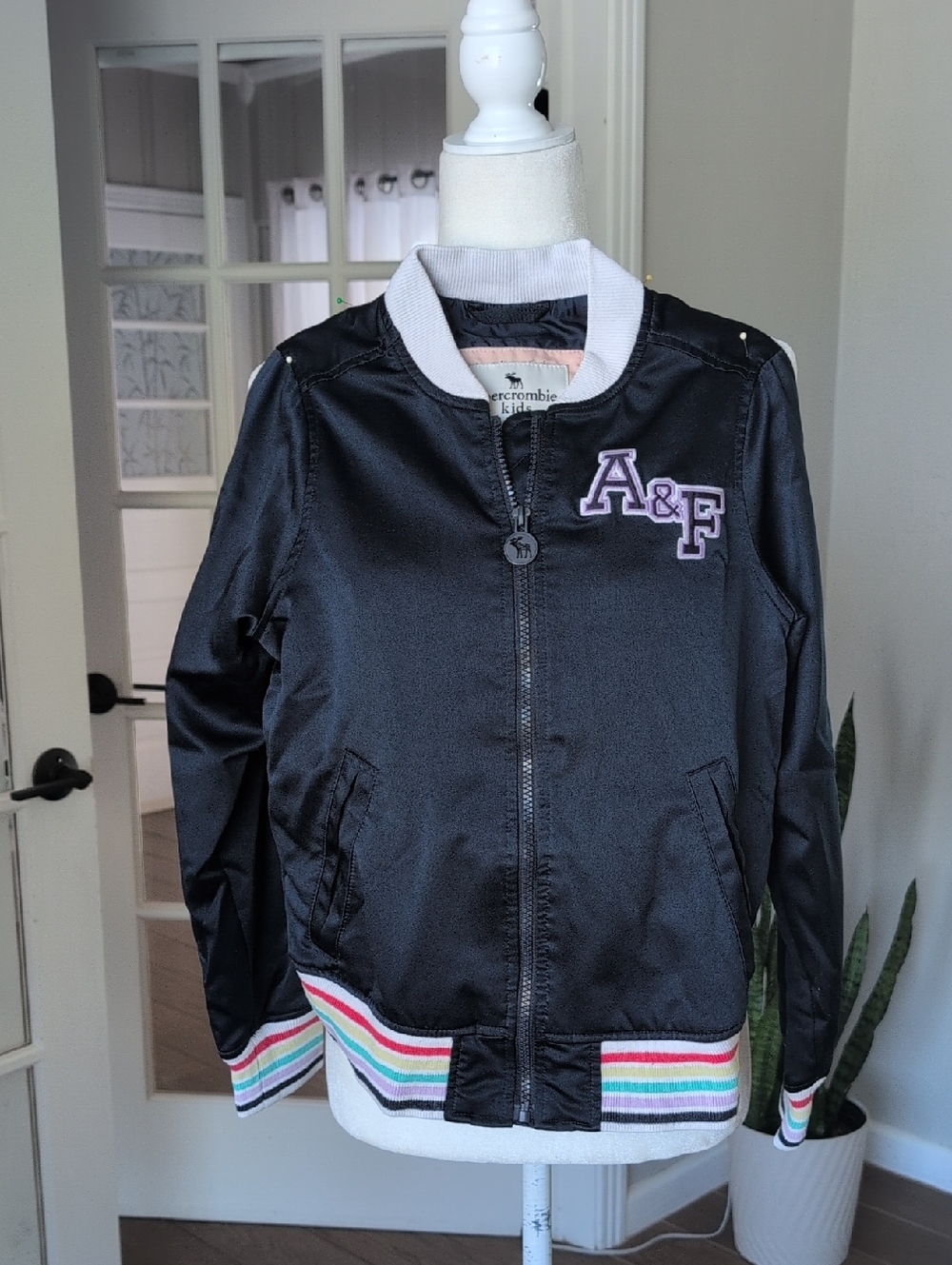 Abercrombie Unicorn kids Blue jacket with rainbow striped Trim 9/10